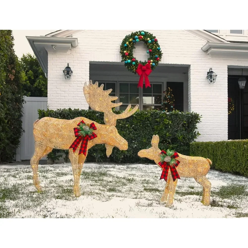 

2 Christmas Reindeer, Outdoor Christmas Courtyard Decoration Light Set, with 170 LED Lights, Ground Stakes, Zipper - Gold Color