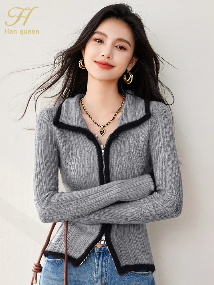 H Han Queen 2024 Autumn Winner Korean Colorblocking Fashion Sweaters Women Vintage Casual Tops Chic Basic knitted Zip Cardigans