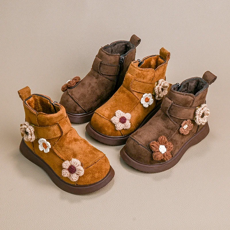 

Детские зимние ботинки для девочек, милые новые ботильоны принцессы с цветочным принтом, теплые пушистые детские хлопковые ботинки на платформе в стиле ретро с боковой молнией