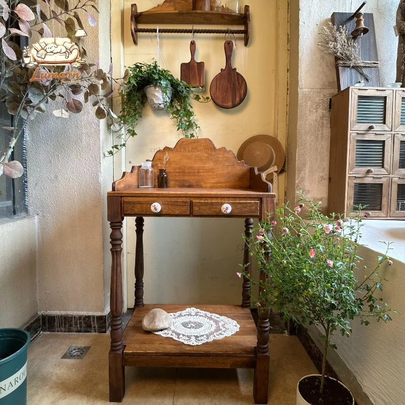 Vintage Solid Wood Garden Sink Table Rustic Outdoor Wash Stand American Retro Basin Counter Decorative Utility Table Patio Yard