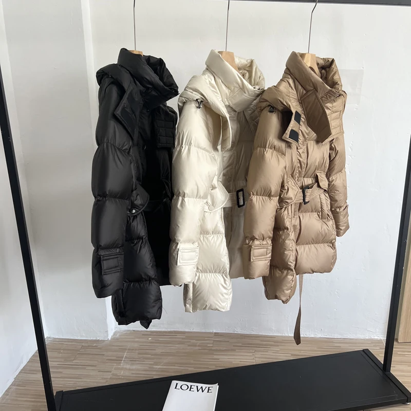 Abrigo de plumón con capucha para mujer, Parka delgada de plumón de pato blanco de longitud media con cinturón, chaqueta gruesa y cálida a prueba de viento para nieve, novedad de invierno 2022