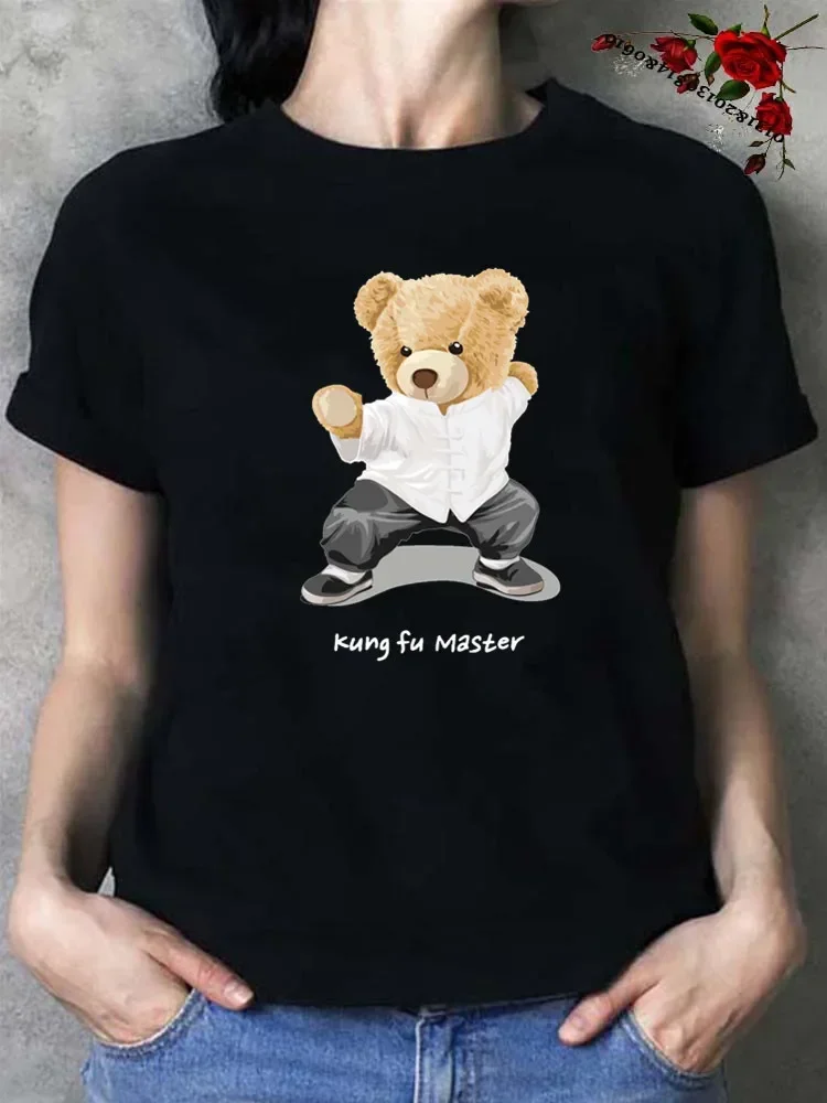 Chinese Kung Fu Bear Printed T shirt Women Summer Short Sleeved Casual T-shirt Unisex Tops Tees Cartoon Harajuku T Shirt Female