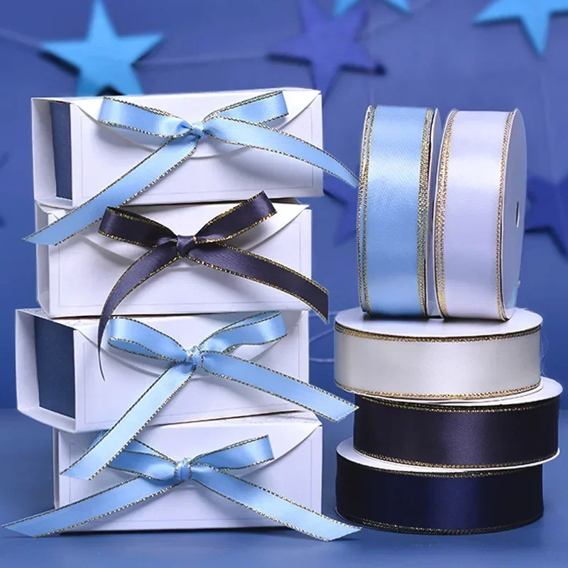 6/9/16/22/38mm Silver/Gold Edge Satin Ribbon/100% Polyester Double Sided Gold/Silver-Line Satin Ribbon for Bows Making 272446