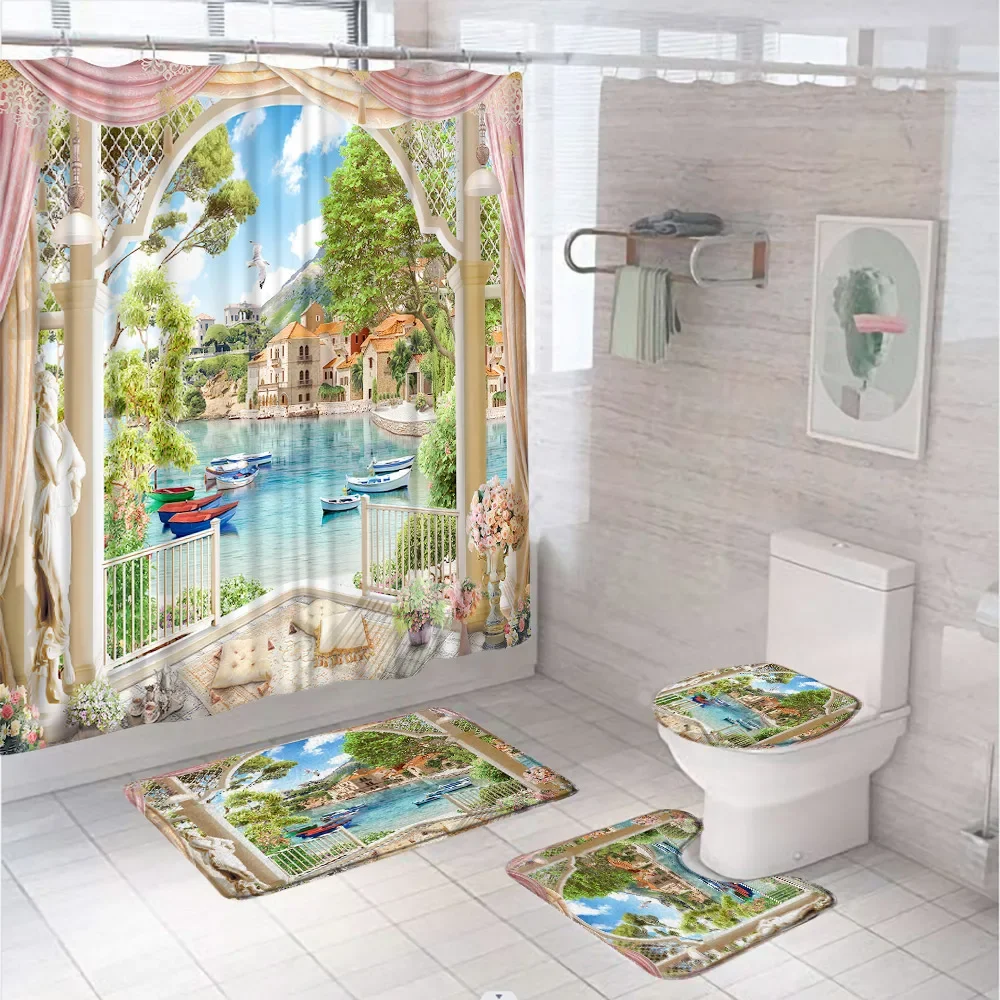 Natural Scenery Garden Shower Curtain Sets Architecture Landscape Bathroom Curtains Non-Slip Bath Mat Pedestal Rug Toilet Cover