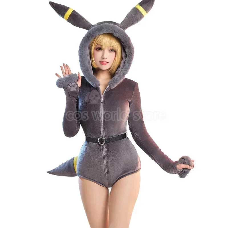 Disfraz de cosplay de Anime Umbreon para mujer, traje sexy de franela con capucha, chica conejito, uniforme de felpa kawaii, pijamas, monos de dibujos animados