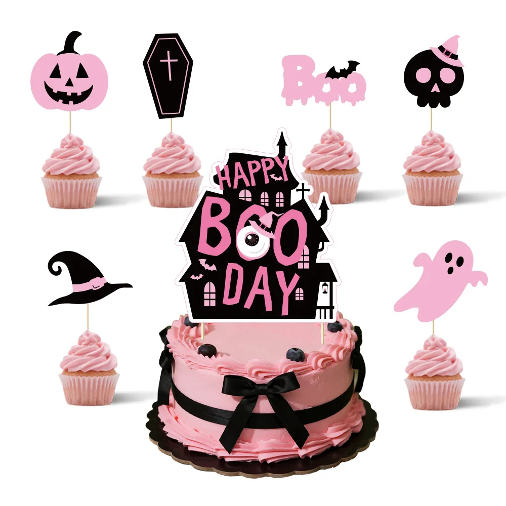 25 unids/set negro rosa adorno para tarta de fiesta de Halloween castillo de calabaza decoración de pastel fantasma decoración del día del Boo feliz suministros de Halloween