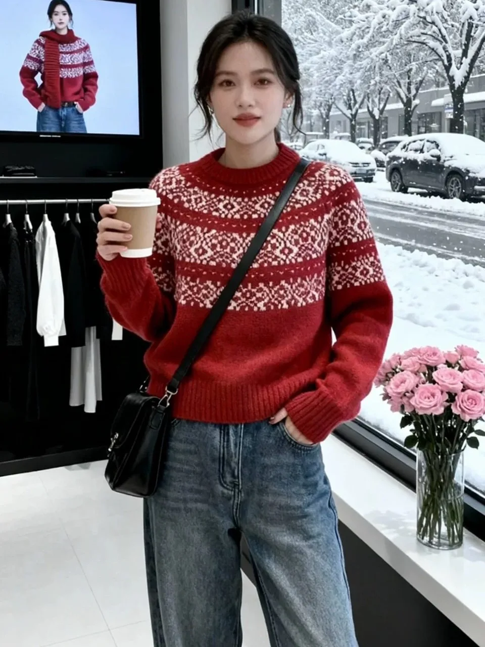 

Корейский круглый вязаный свитер Ne, женский свободный крой, длинный свек, повседневная свободная цветная блузка, зимний топ с цветочным узором