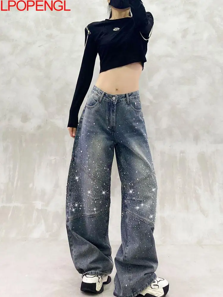 

Heavy Industry Hot Stamping Design Casual Floor Mopping Jeans Women's Autumn New High Waisted Loose Versatile Straight Wide Leg