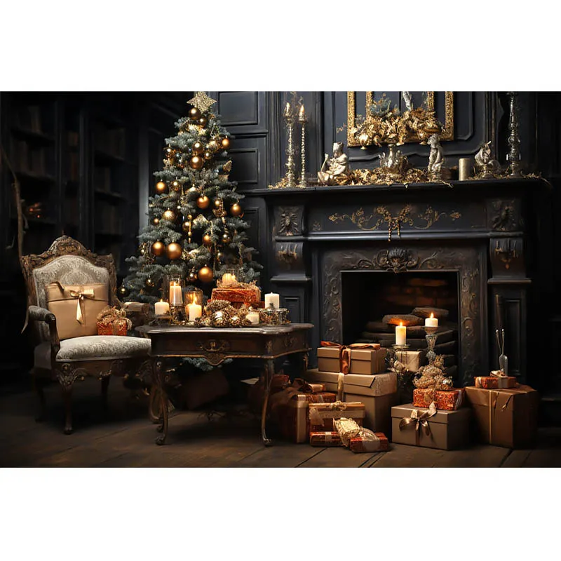 خلفية زينة لحفلات عيد الميلاد، غرفة عيد الميلاد الفارغة في الليل، طاولة وكراسي مدفأة شجرة عيد الميلاد، دعائم استوديو الصور