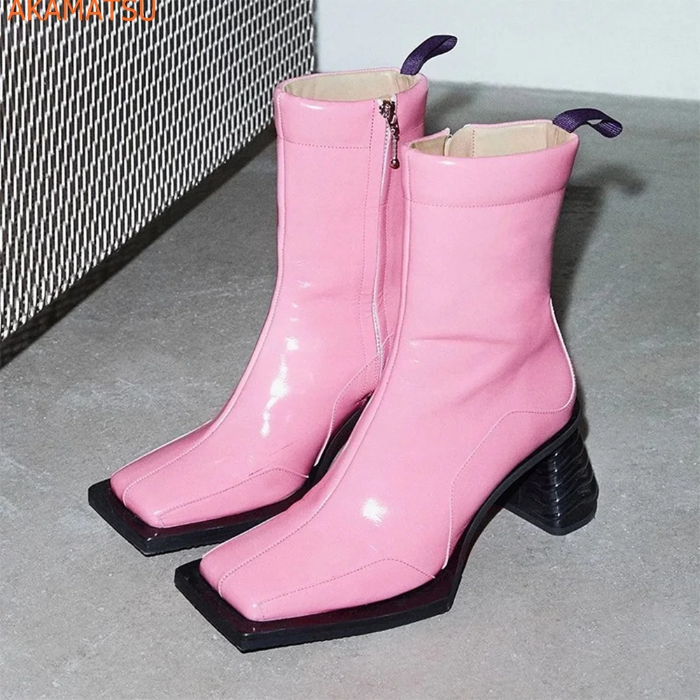 Dziwne stylowe Chelsea Boots kwadratowe noski masywne obcasy damskie buty z zamkiem błyskawicznym w połowie tuby jesienne damskie modne buty na