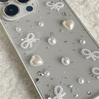 3D Pearl Bow Silver Foil Phone Case For iPhone 16 15 14 13 12 11 Pro Max 13Mini XS Max XR X 7 8 Plus Cute Clear Soft Back Cover