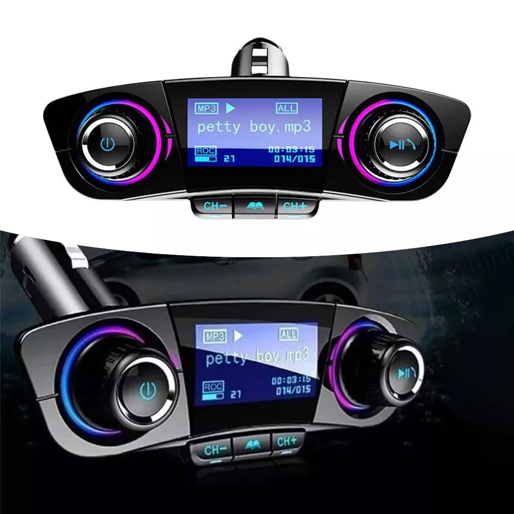 شاحن سيارة FM، جهاز إرسال FM لاسلكي، ذاكرة إيقاف التشغيل التلقائي، شاشة رقمية، شاشة LED، لغات متعددة، يدعم صوت السيارة