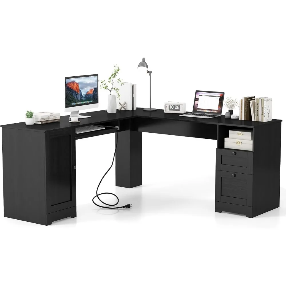 

66” x 66” L-Shaped Office Desk with Power Outlets, Modern Home Office Computer Desk with 2 Drawers, Cabinet, Adjustable Shelf