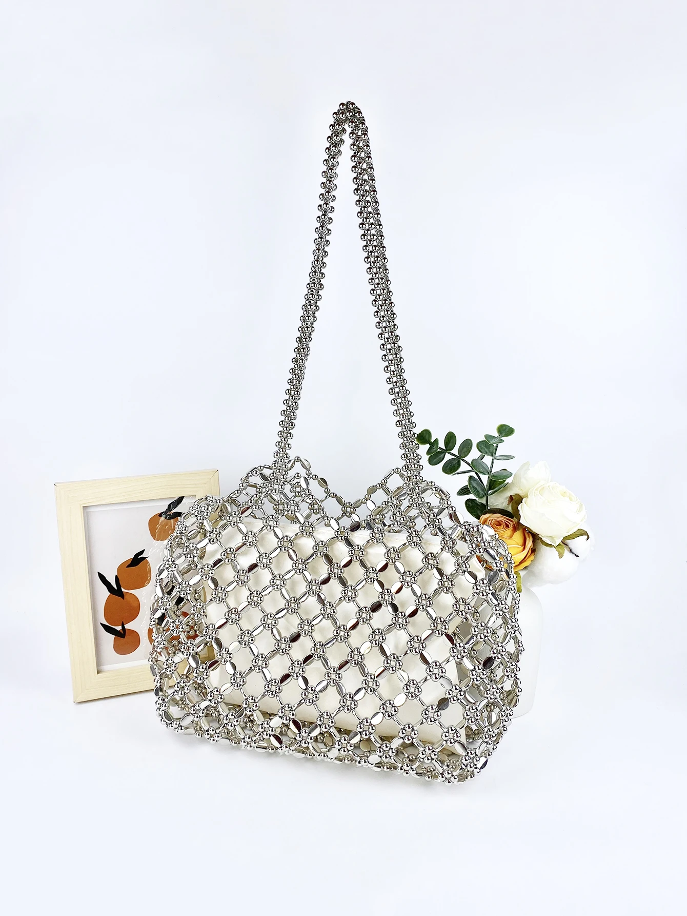 Vintage Metal Shiny Handwoven Beaded Bag Versatile Shopping Bag Tote Underarm Handbag