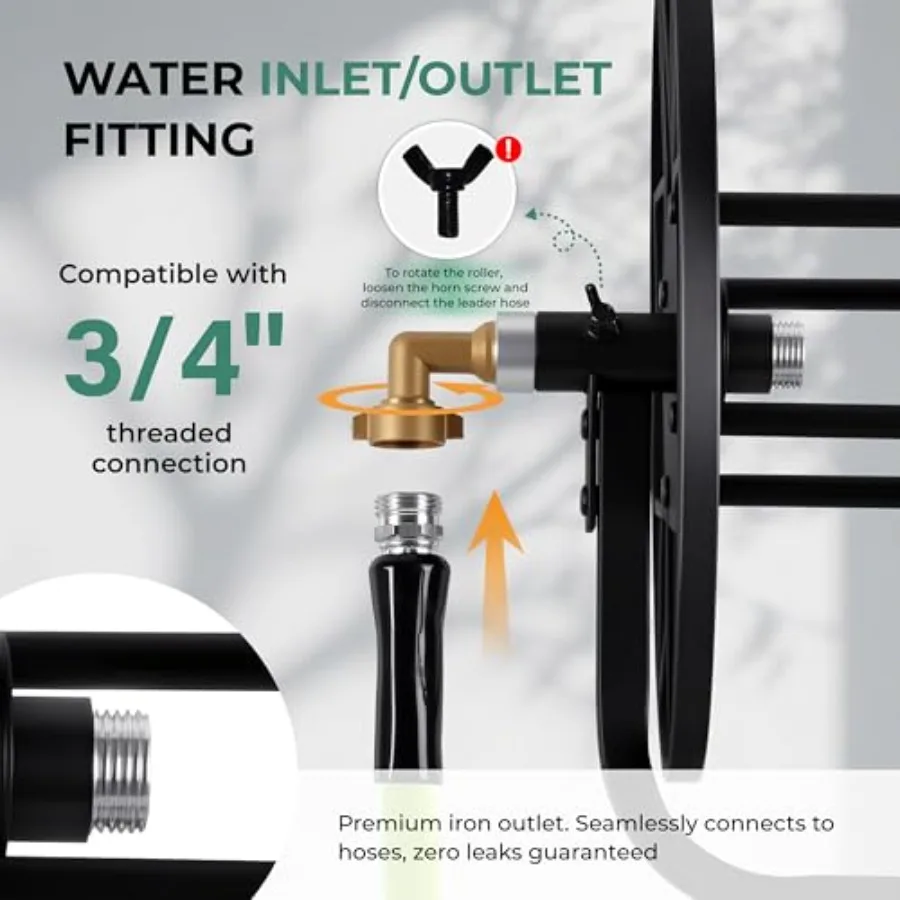 2025年式ガーデンホースリール、ヘビーデューティー屋外用ターンテーブル式ウォーターホースホルダー、100フィート5/8インチホース用、頑丈なクロスベース、高さ調整可能