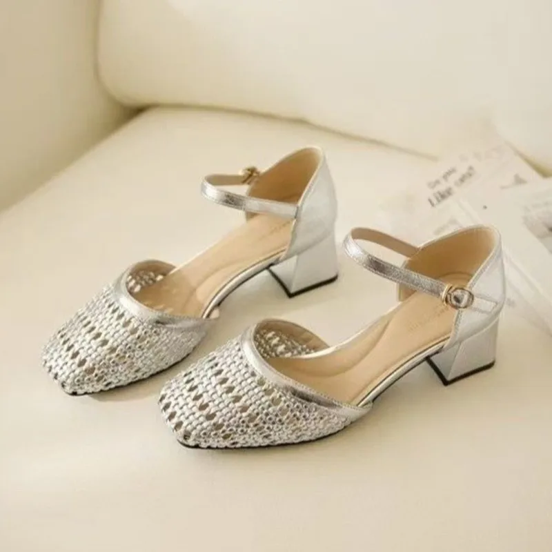 Fashion Woven Hollow Chunky Root Sandals for Women Comfort Round Toe Buckle Summer Heels Elegant Office Brand Formal Shoes Pumps view 5