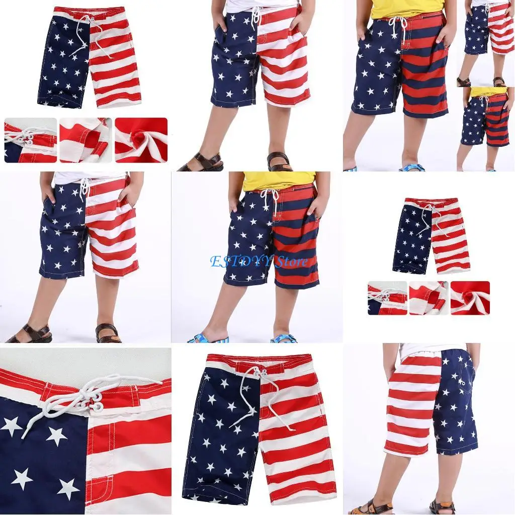 

G6DE Kids Boys Drawstring Elastic Waist Swim Trunks Toddler American Flag Star Striped Printed Beach Shorts Quick Dry Swimsuit