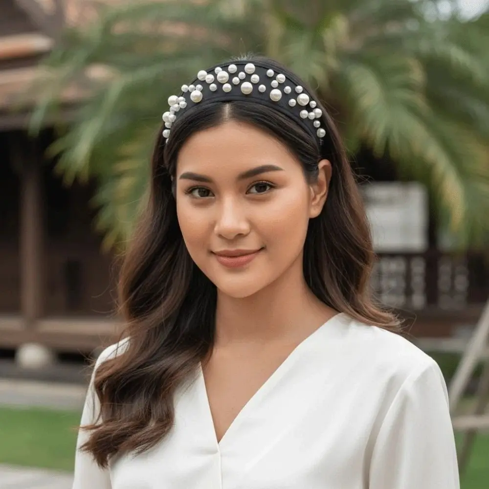 Headwear Mesh Pearls Headband Creative Waterproof Rhinestone Wide Hair Hoop Beads Sparkling Black White Hairband Wash Face