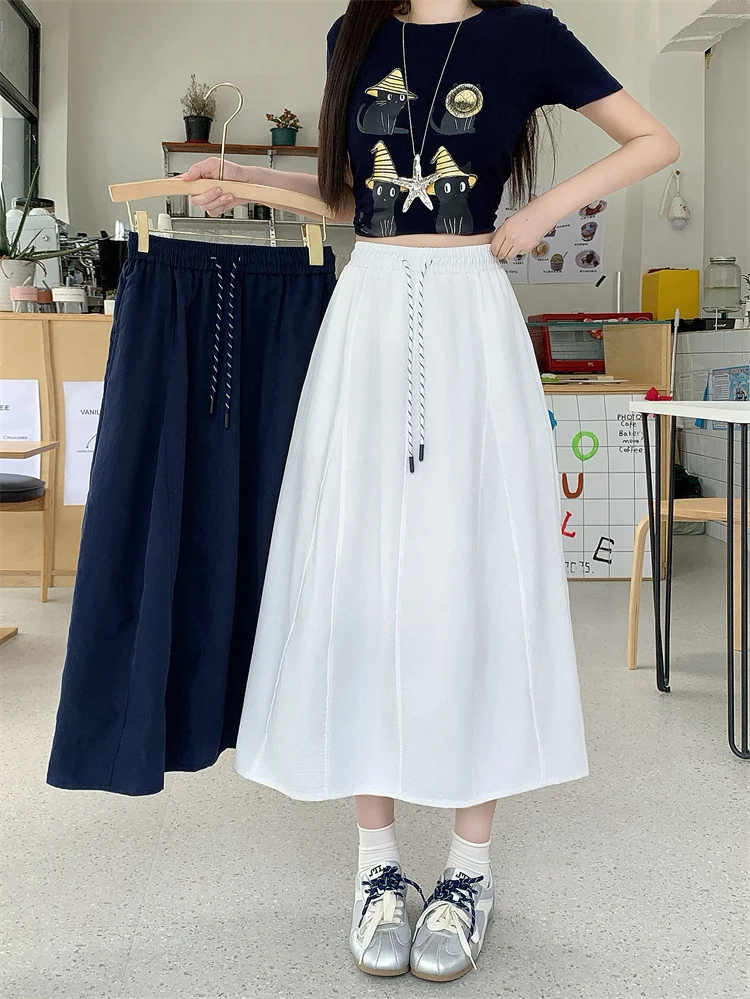 

plus Size Women's Korean Style Elastic Waist Midi Skirt Slimming A-Line Umbrella Skirt Color Summer Casual High Waist