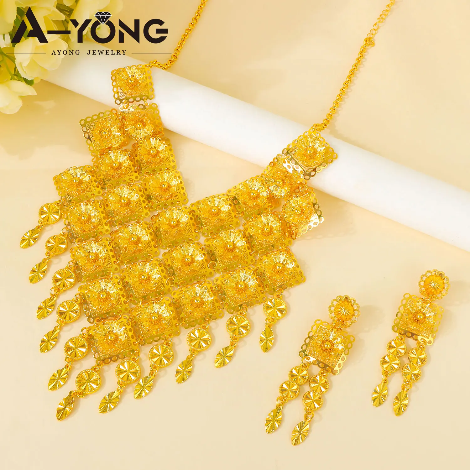 Luxuriöses Habesha Goldfarbenes Schmuckset Äthiopisches Quasten-Brautschmuckset Arabische Damen Verlobungs- und Partyschmuckstücke – Detail 10