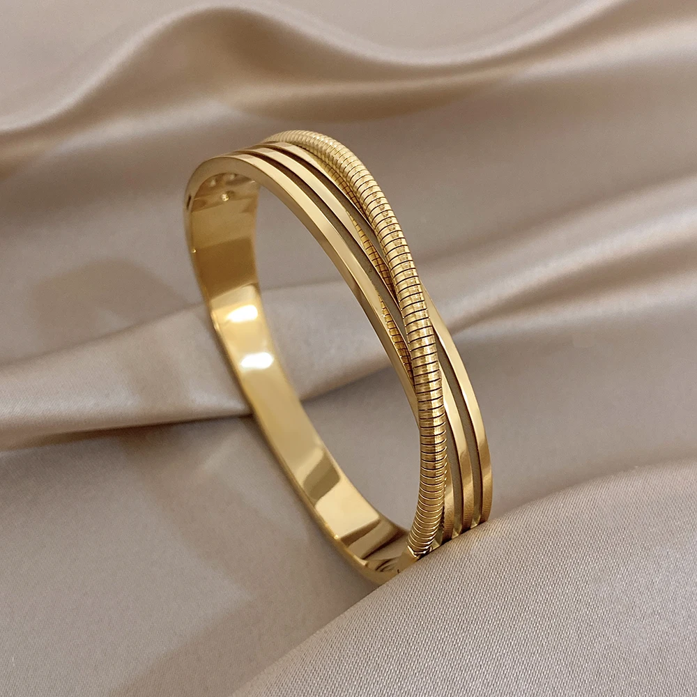 

Vintage Multilayer Interlace Stainless Steel Bangle for Women Hollow Waterproof Gold Plated Spring Bracelet Party Jewelry Gift