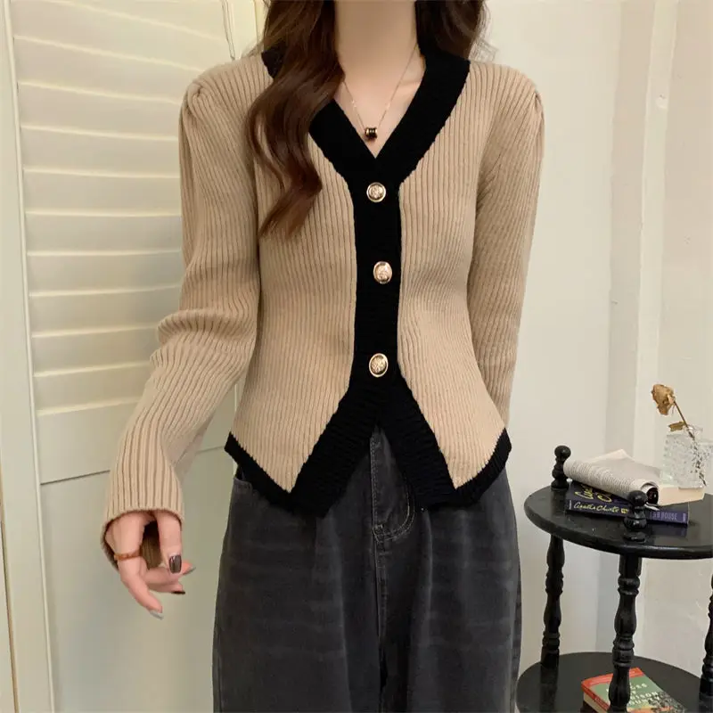 

Retro Waist Cinched Knitted V-neck Knitted Sweater for Women Chic Small Stature French Style Small Fragrant Jacket Trendy Top