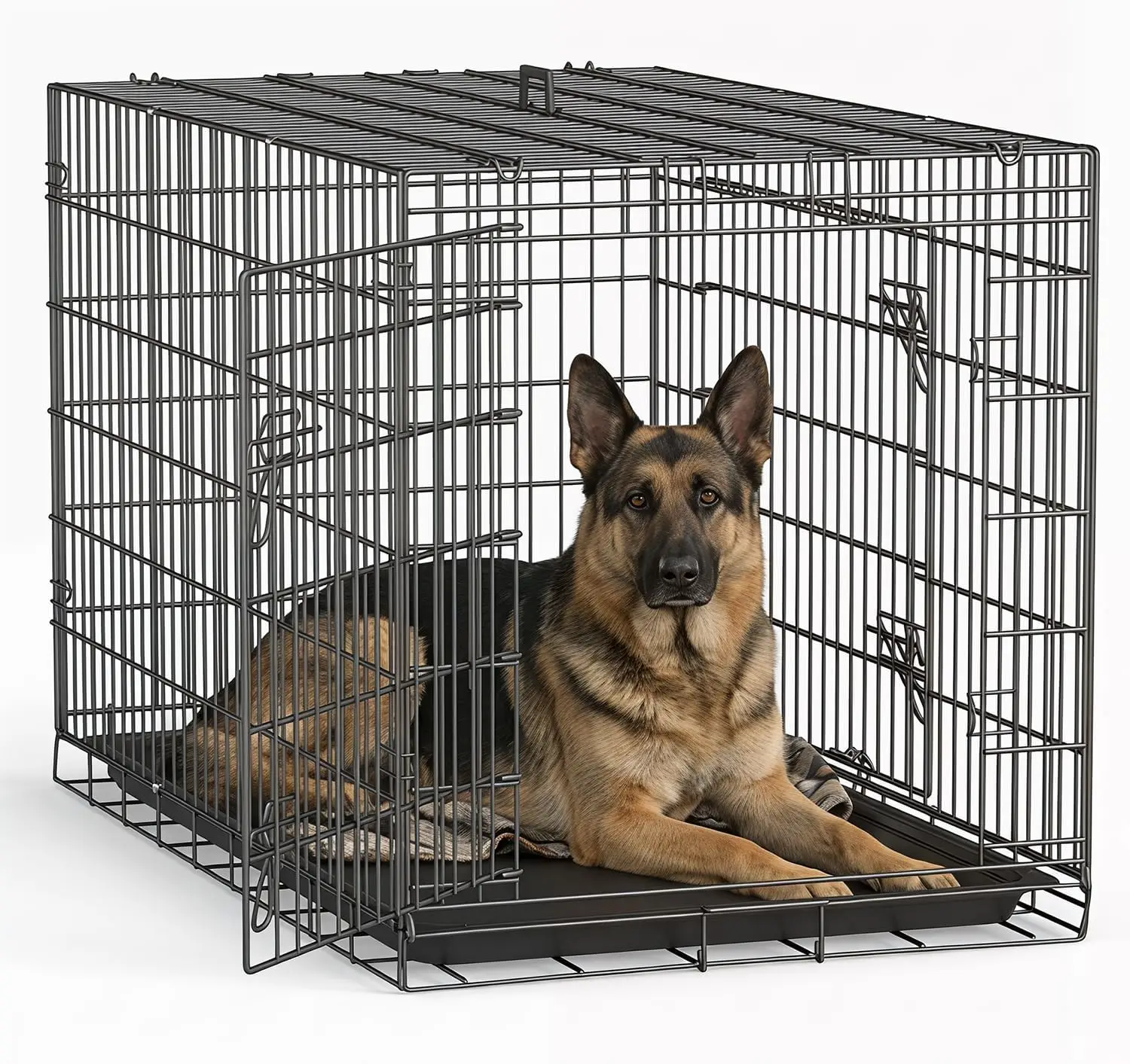 

48 Inch Extra Large Dog Crate, Double Door Folding Metal Wire Kennel with Removable Tray & Divider, Black