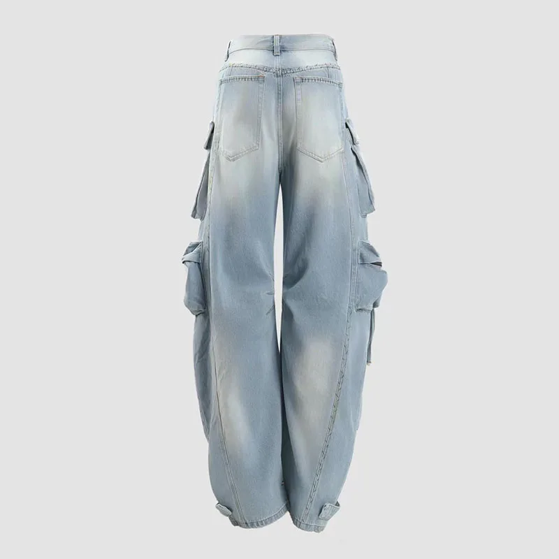 Women's jeans 2025 Winter new low waisted slim fit pure cotton wide leg pants Retro ripped cargo pants Multi pocket denim pants