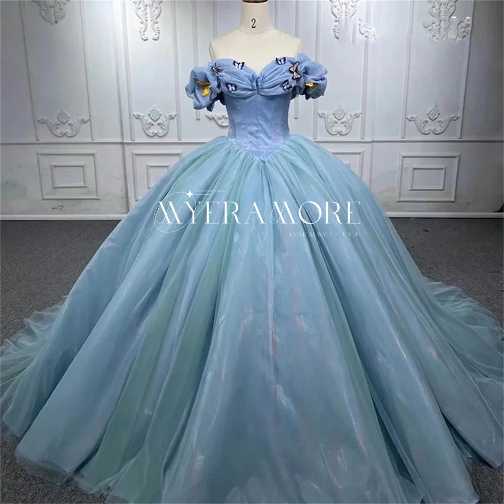

Luxury 3D Butterfly Quinceanera Dresses for Guest Ball Gown A Line Off The Shoulder Corset Princess Dress with Train Customized