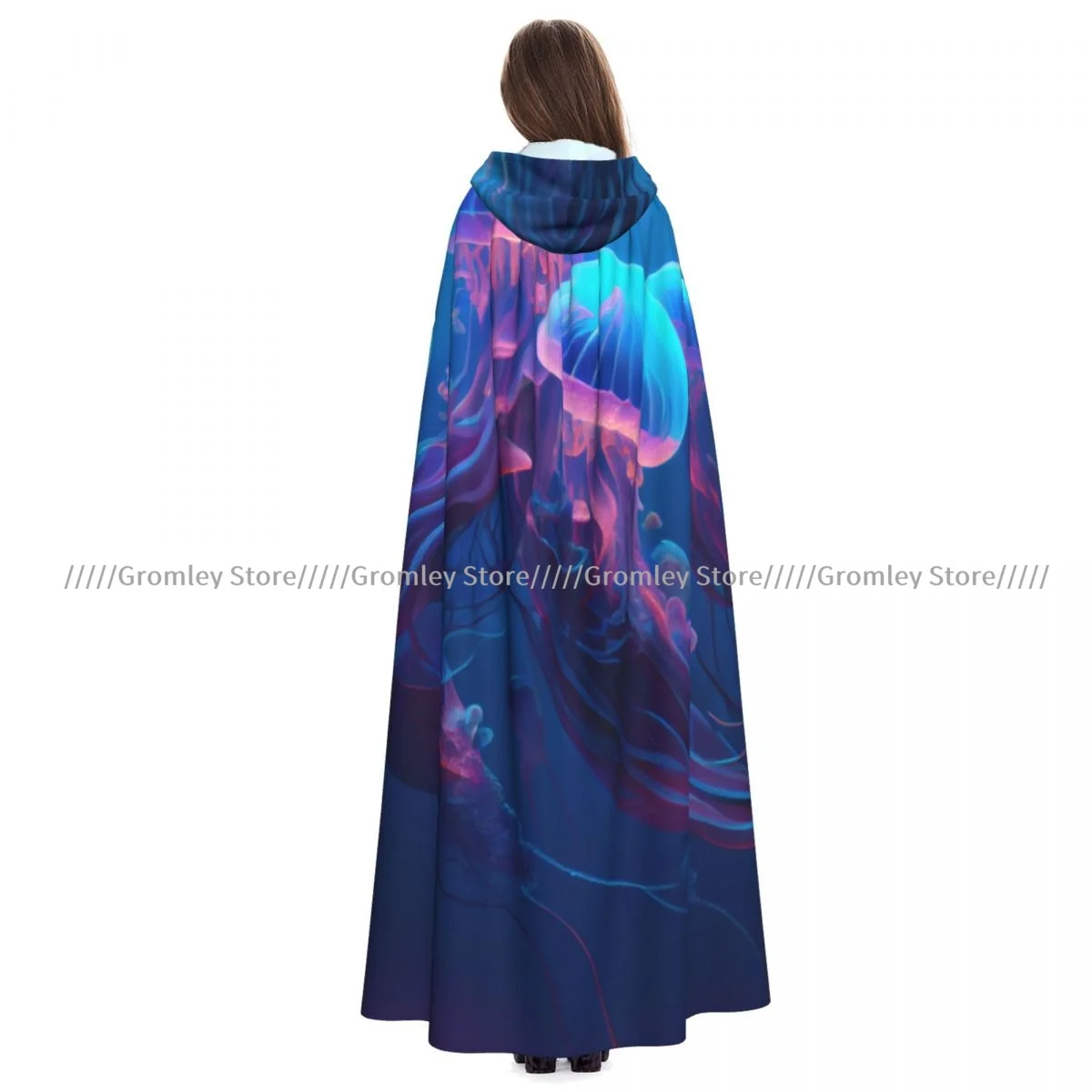 Adult Jellyfish In The Underwater World Cloak Cape Hooded Medieval Costume Witch Wicca Vampire Halloween Costume Dress Coat