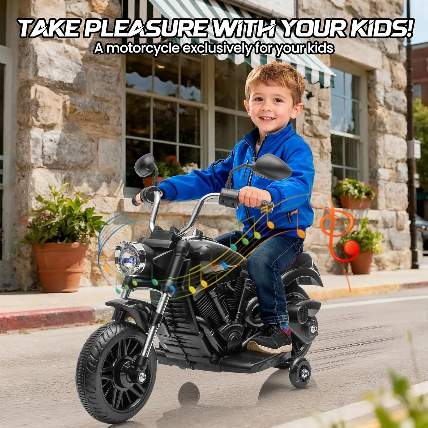 Kids Electric Motorcycle, 12V Battery Powered, 3-Wheel Ride On Toy w/Training Wheels,Reverse, Headlight, Horn,Music,Ages 3-5Y