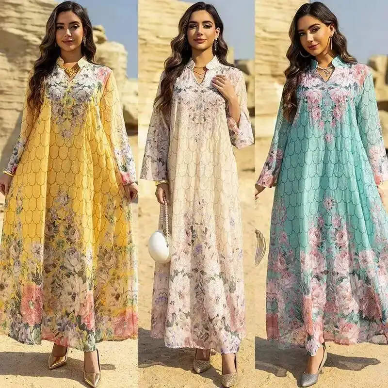 

Длинное платье Ab463 с принтом, длинная юбка, женский длинный халат, джалабия, дубайская вышитая юбка, абайя, Рамадан, Дубай, роскошное исламское элегантное платье