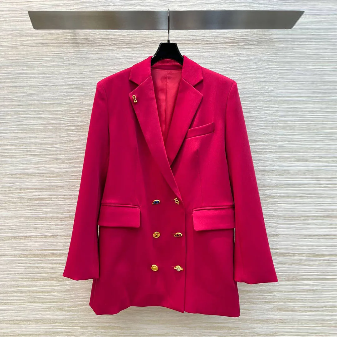 2024 New Autumn Fashion Runway Design Solid Color Loose Casual Chic Blazer Women Jacket Gold Buttons Decoration Streetwear Suit