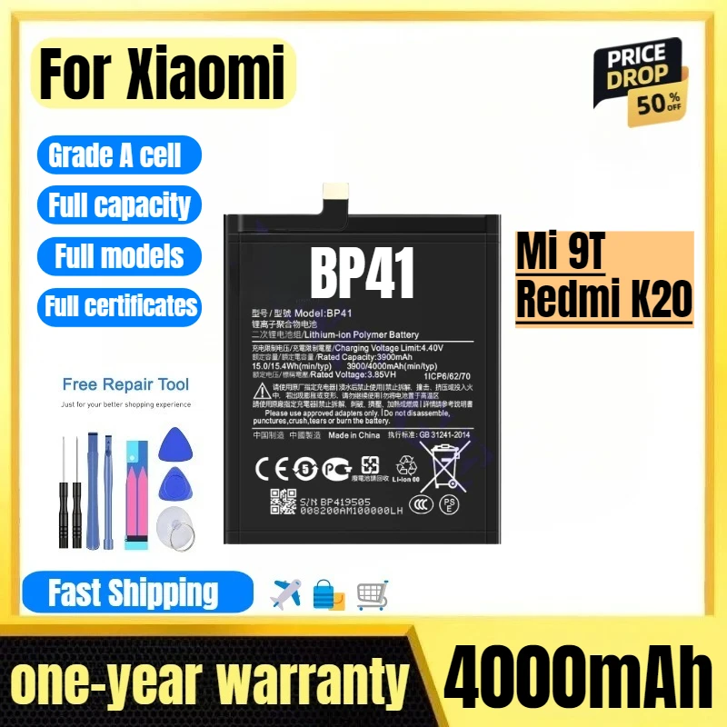 

BP41 for Xiaomi Mi 9T/Redmi K20 Mobile Phone Battery High Quality High Capacity Replacement Bateria Grade A Cell with Tools