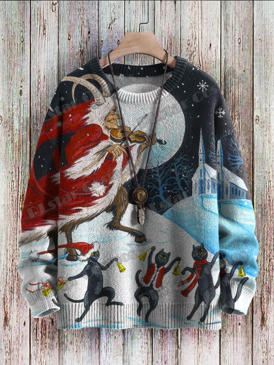 

Christmas Devil Play Violin Black Cats Art 3D Printed Men's Knitted Pullover Winter Unisex Casual Knit Pullover Sweater ZZM105