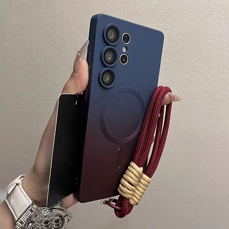 Etui na telefon Samsung Galaxy S26 Ultra S20 S21 S22 S23 S24 S25 Plus z gradientem kolorów, bezprzewodowym ładowaniem, folią ochronną na obiektyw i smyczą. — 2