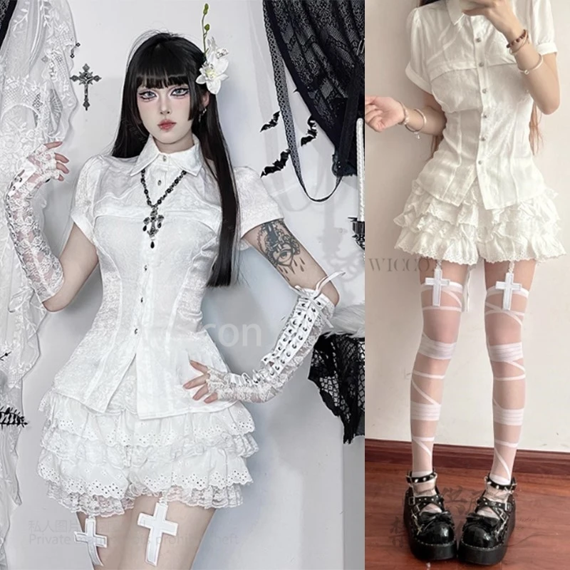 

Y2K Jirai Kei Style Sweet Short Sleeve Shirt Top White Lace Blouse Puffy Skirt Girl Set Top Dress Womens Outifits Halloween New