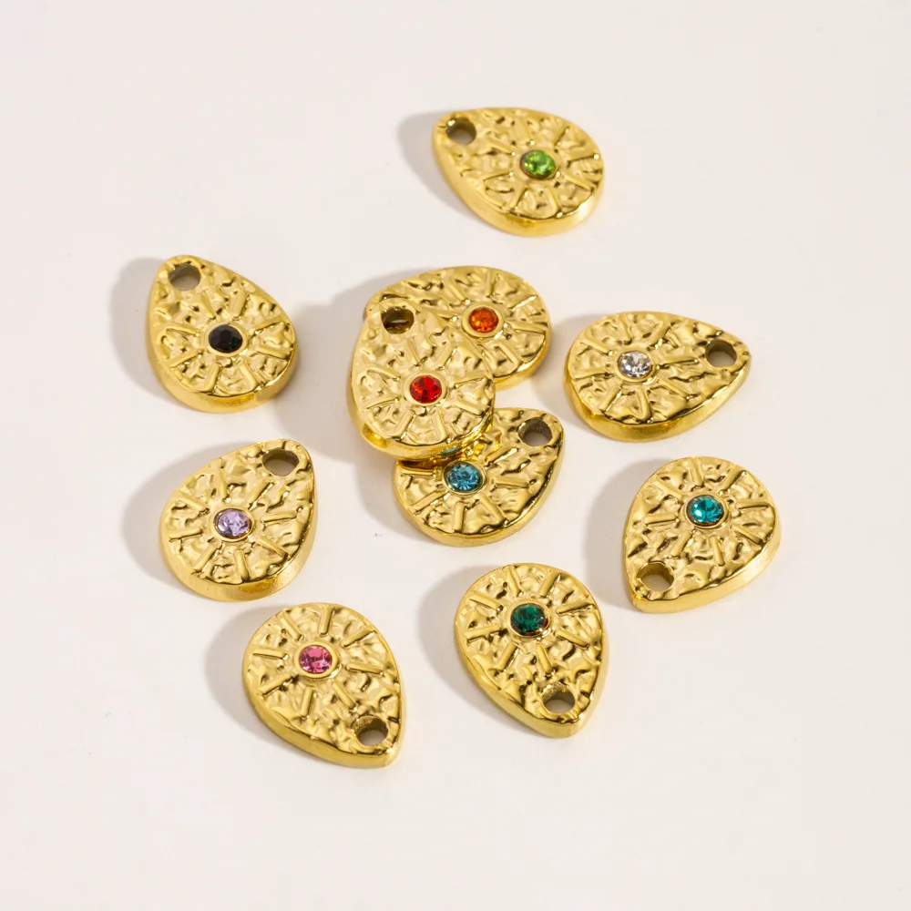 2Pcs Stainless Steel Hammered Texture Droplet Style Colored Zircon Charms Fine Polishing Pendant DIY Jewelry Accessories