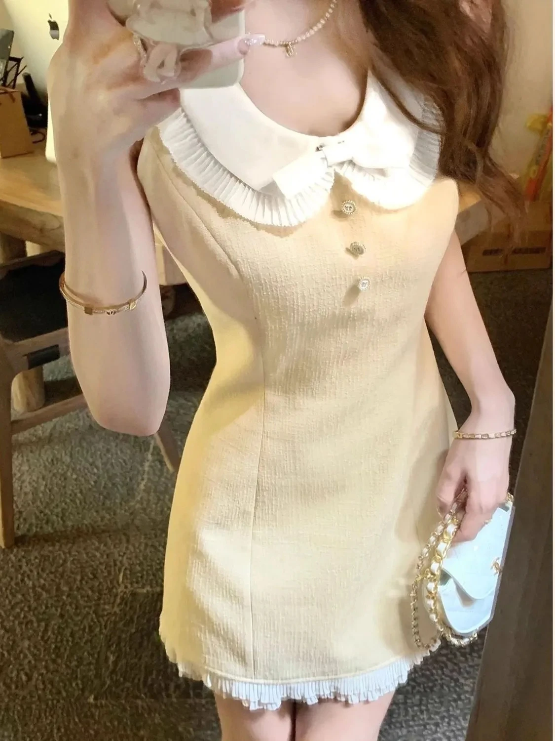 Fragrant Wind Doll Collar Women\'s Summer High Waist Yellow Dress