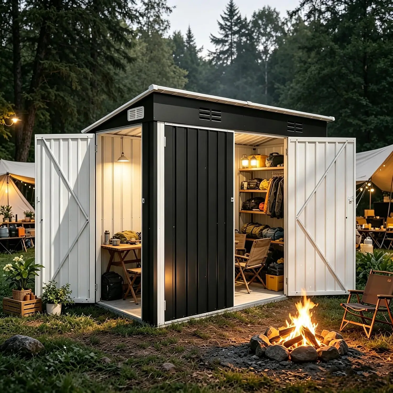 4x8 FT Galvanized Steel Outdoor Storage Shed 3 Doors Ventilated Weatherproof Metal Garden Tool Bike Patio Equipment, Customized