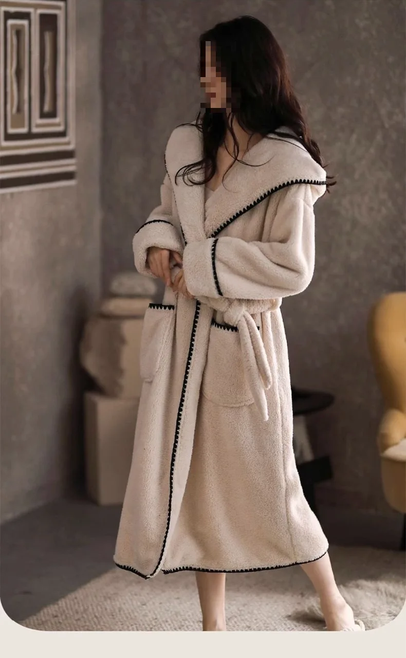 Women\'s Winter Fleece Bathrobe Hooded Warm Thick Ladies Dressing Gown Long Sleeve Pockets Flannel Sweet Bath Robe for Female