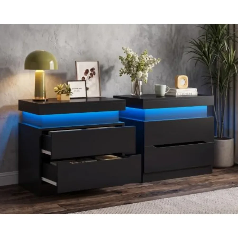 Nightstands Set of 2, Night Stand with 2 Drawers, Nightstand with App-Controlled Adjustable LED Light, Bedside Table with Slida