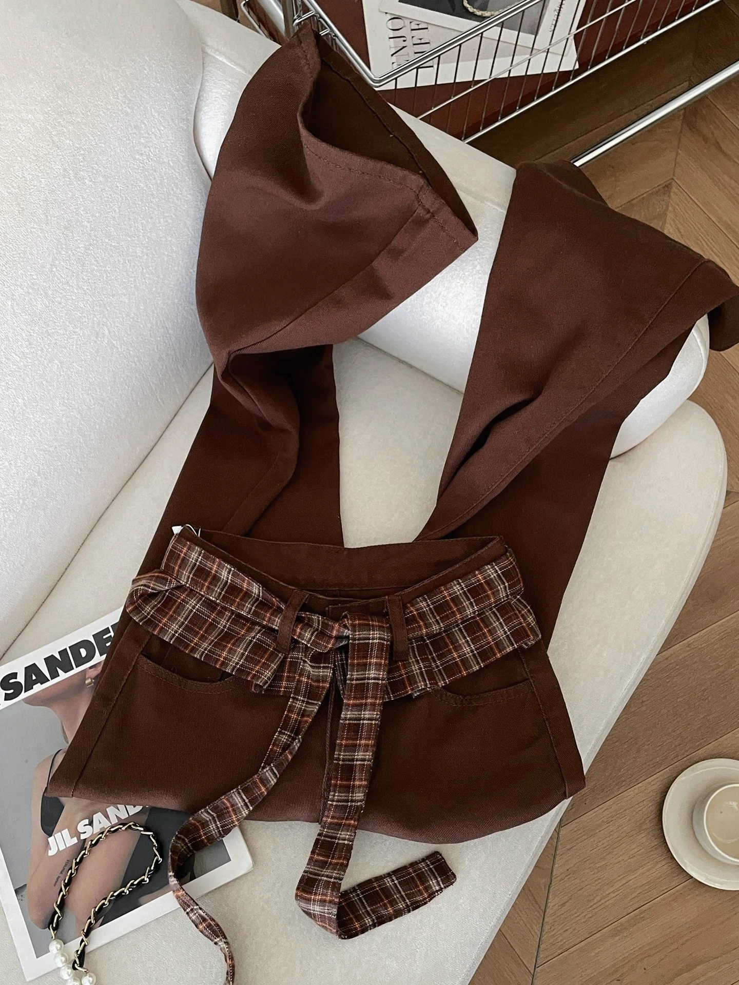 

High Waist Plaid Wide Leg Pants Women's Spring Design Sense Loose Casual Trousers Retro Tie Dye Cotton Denim Casual Pants