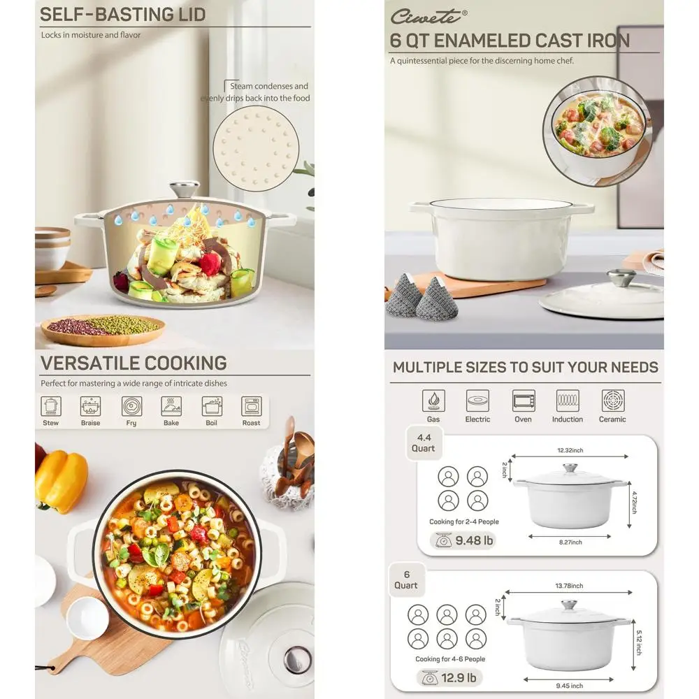 

Enameled Cast Iron Dutch Oven, 6-Quart, Oven-Safe up to 500°F, Ideal for Bread Baking and Cooking, Dual Handles, Off-White