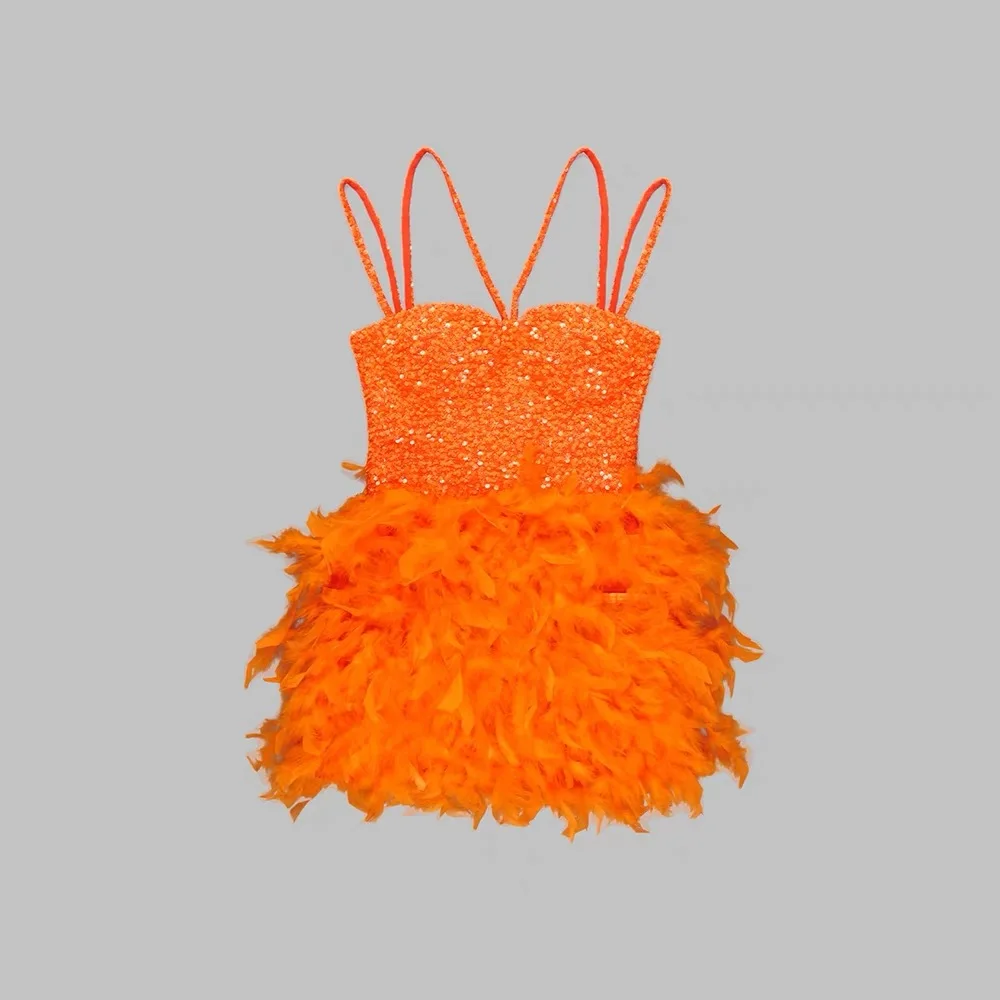 

Summer Sling Slim Waist Sequined High-End Women's Feather Fashion Party Dress Dress