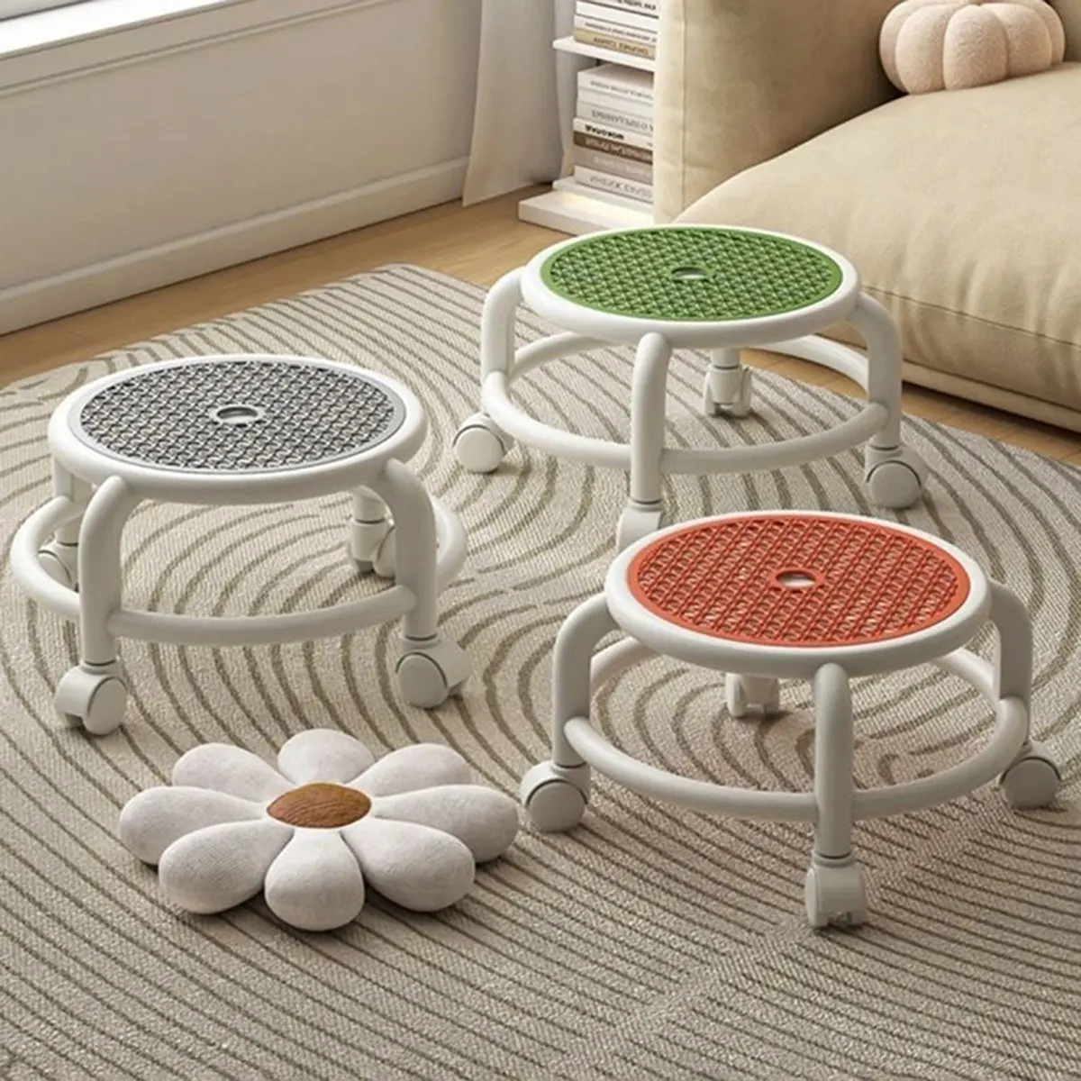 Swivel Rolling Stool Round Low Small Grey Universal Wheel Kids Adult Strong Capacity Practical Storage C