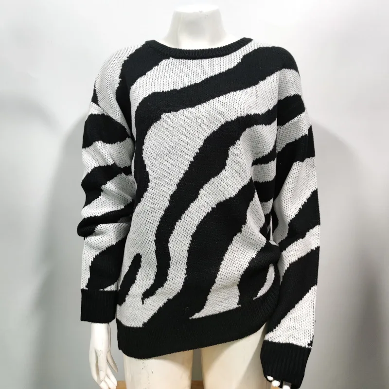 Women's Sweater 2023 Autumn Winter New Crew-Neck Long-Sleeved Zebra Print Sweater