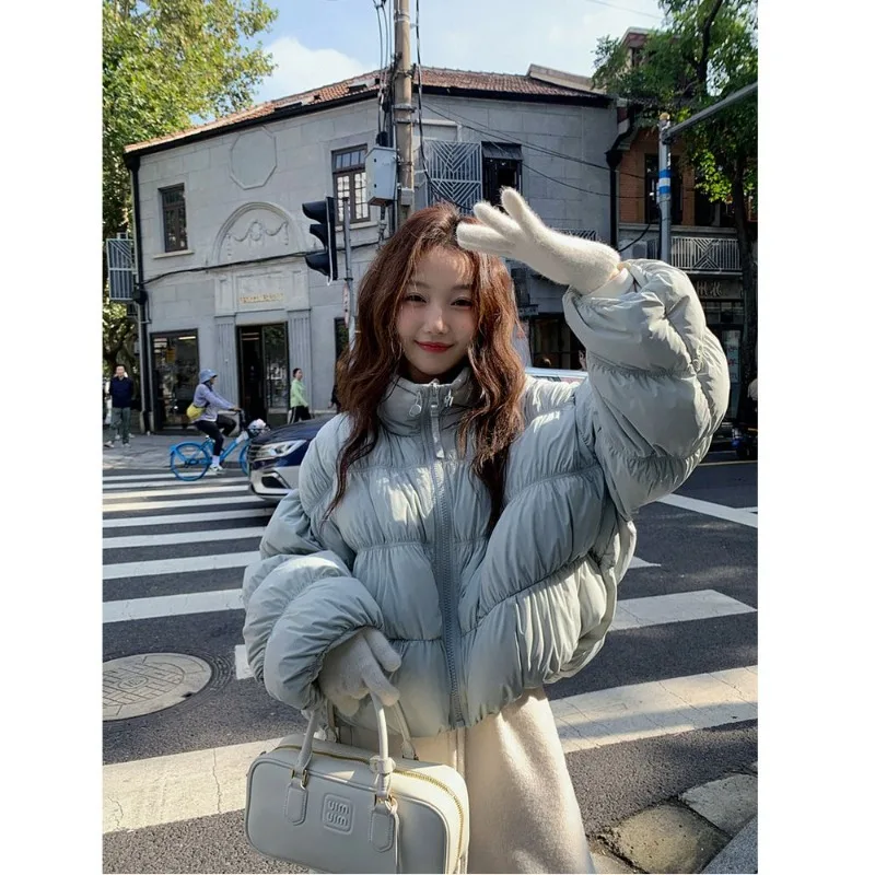 

Short Parkas Women Fashion Puffer Jacket Stand-up Collar Down Jacket Loose-fitting Ruched Cotton Coat Solid Color Women's Jacket