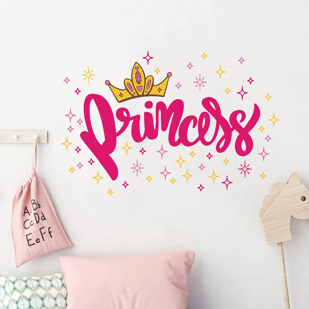 Pink Fairy Princess Crown Star Wall Stickers Decals for Girl Bedroom Playroom Living Room Home Wall Decor