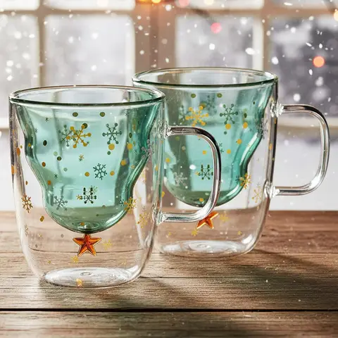 D5 Christmas Coffee Mugs Holiday Water Cups 10oz Double Wall Glass Tableware with Lid and Handle Tree Snowflake Glassware 300ML